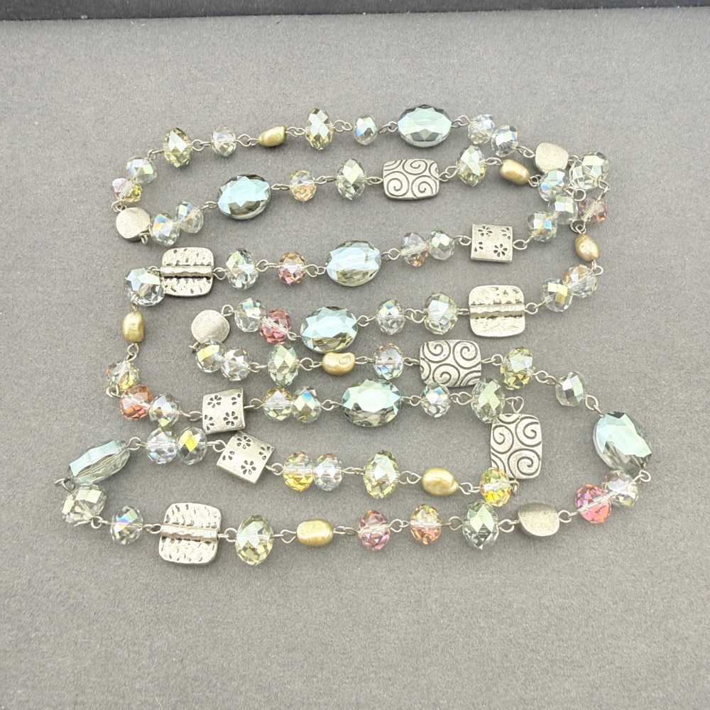 Boho Beaded Necklace Crystal Faux Pearl Geometric Silver Tone Strand Long Chain